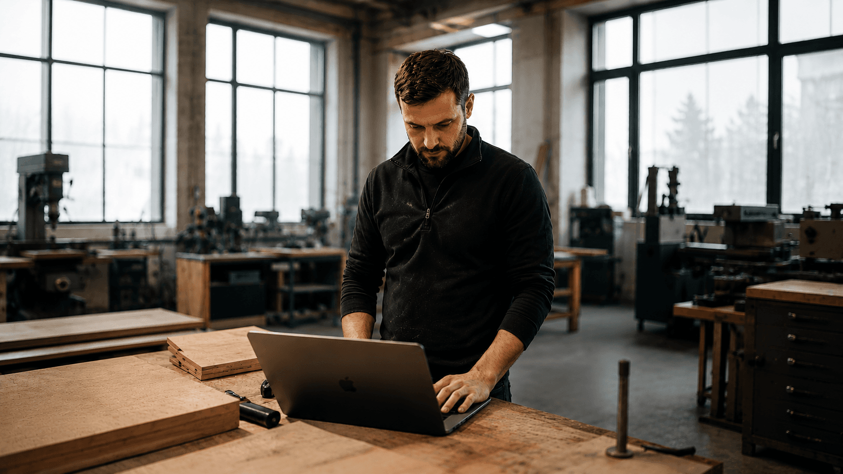 Handwerker arbeitet am Laptop